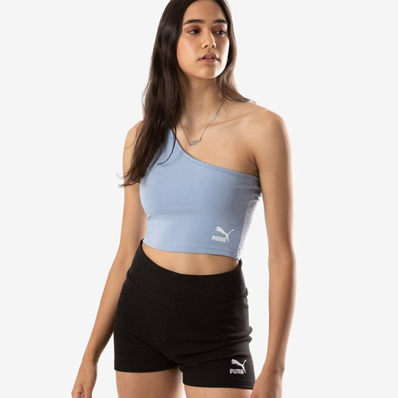 NWT PUMA WOMEN Classics Asymmetric Bandeau Crop Top in forever Blue Athleisure - Picture 12 of 14